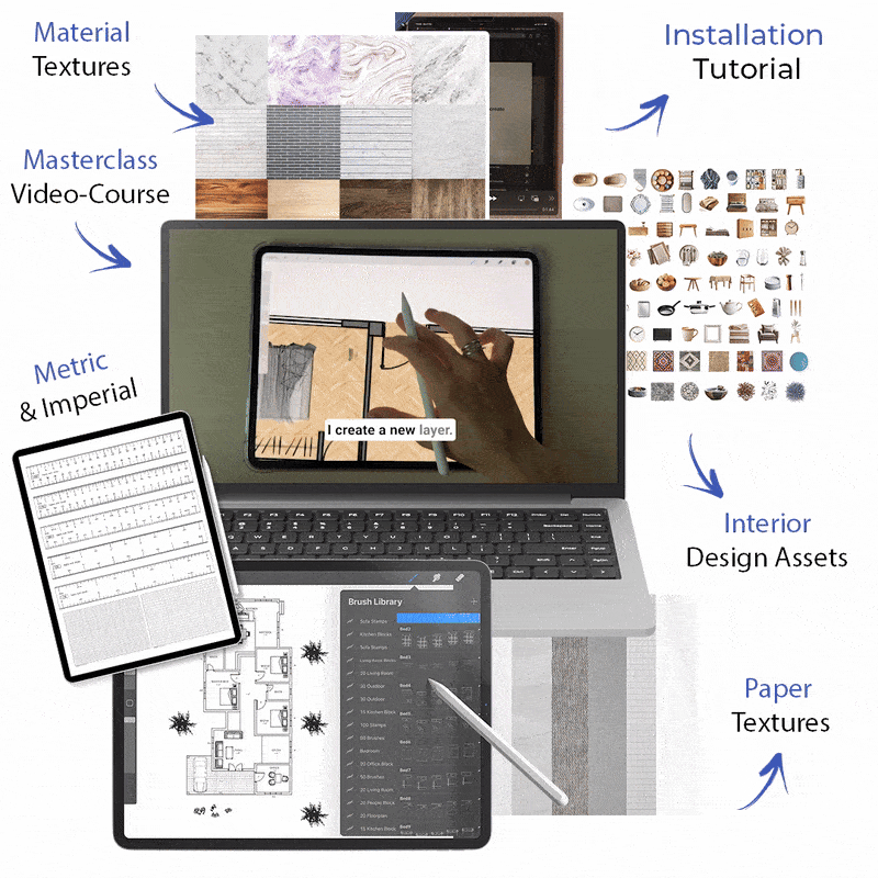 Create Stunning Interiors in Half the Time
Over 4,500 design tools. A complete design toolkit to sketch, plan, and visualize interiors — faster, smarter, and with professional results, right inside your favorite app.

Compatible with iPad, Windows &amp; Android.
All assets are organized for speed, clarity, and professional results in any creative app.